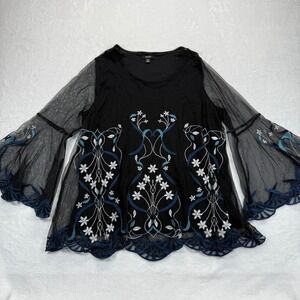 Alfani Sheer Embroidered Top Blouse Black Blue Floral Long Sleeve 0X
